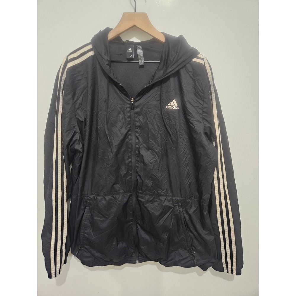 Adidas Mens XL Windbreaker Jacket Black Full Zip Hooded 3-Stripe Mesh Lined